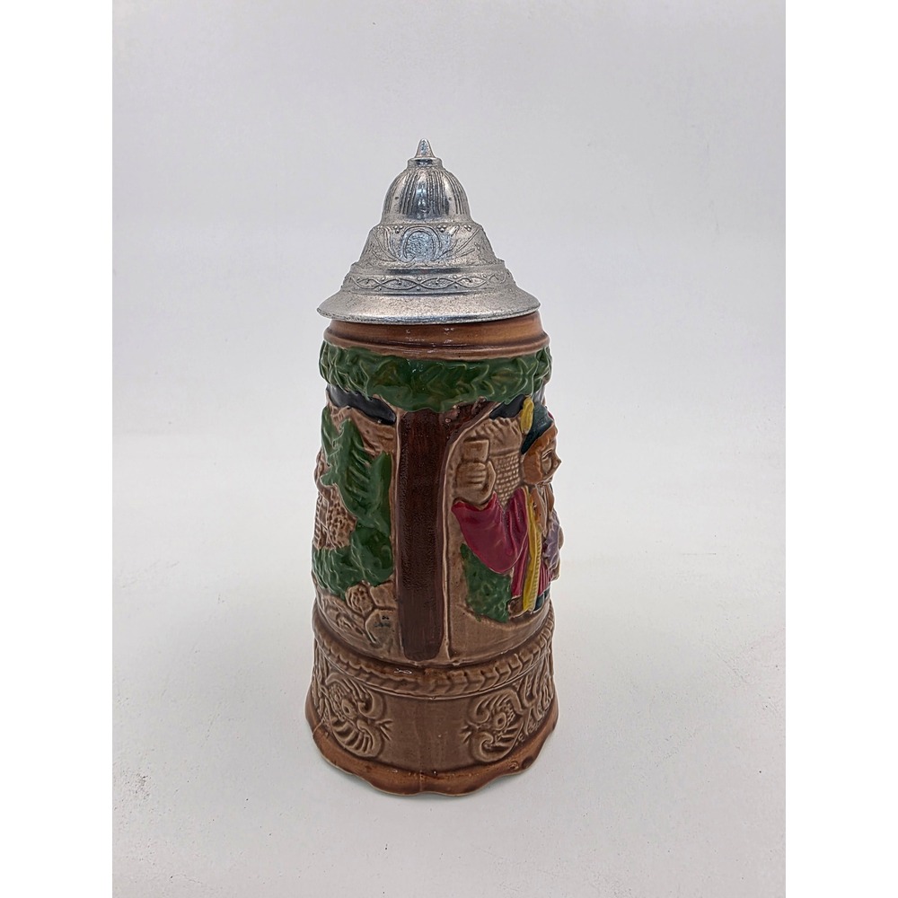 Vintage Musical Beer Stein German Style Relief Lute Player Ceramic Lidded Mug - Picture 4 of 7